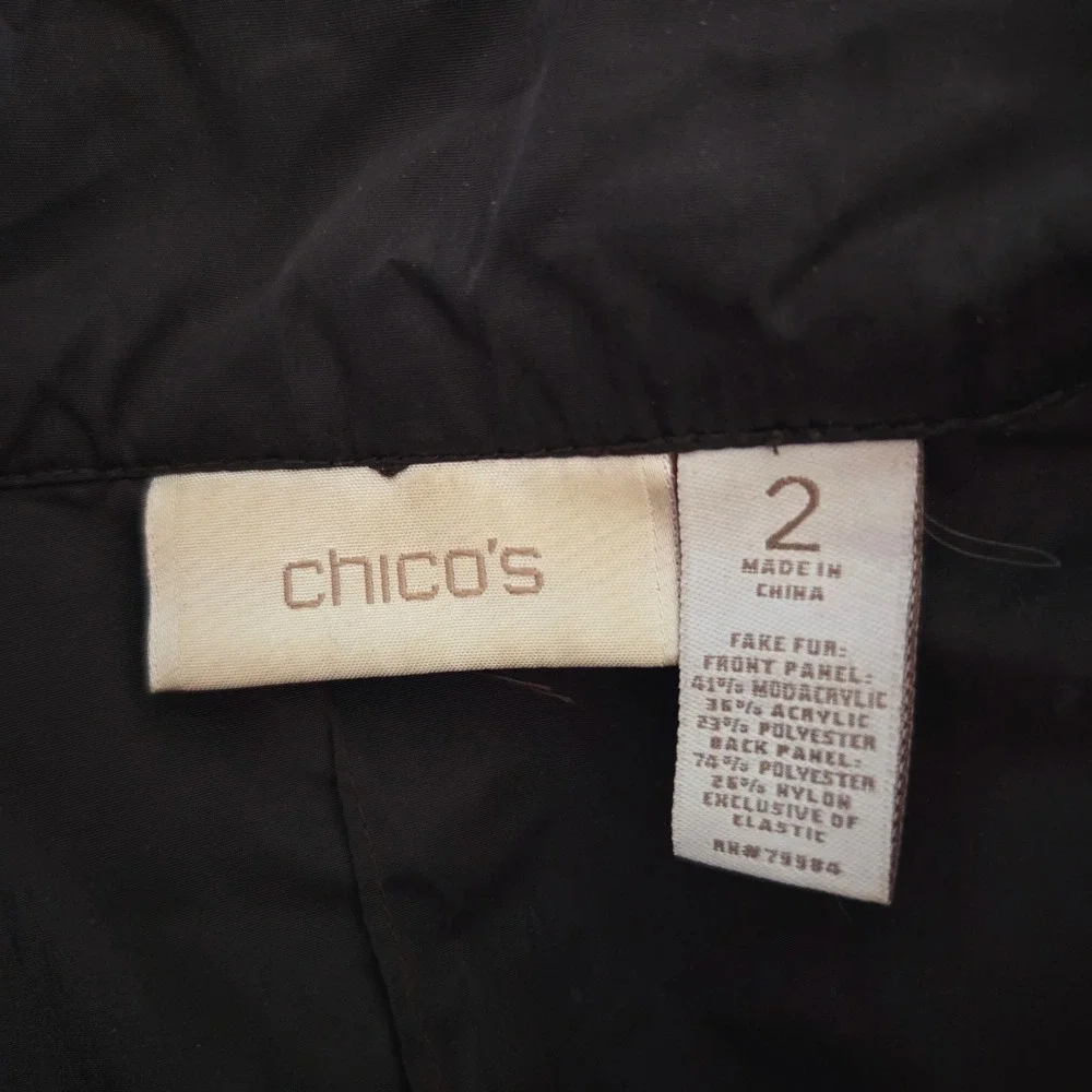 Chicos Faux Fur Vest Brown Zip Front Sleeveless Jacket Glam Mob‎ Wife Size 2 L
